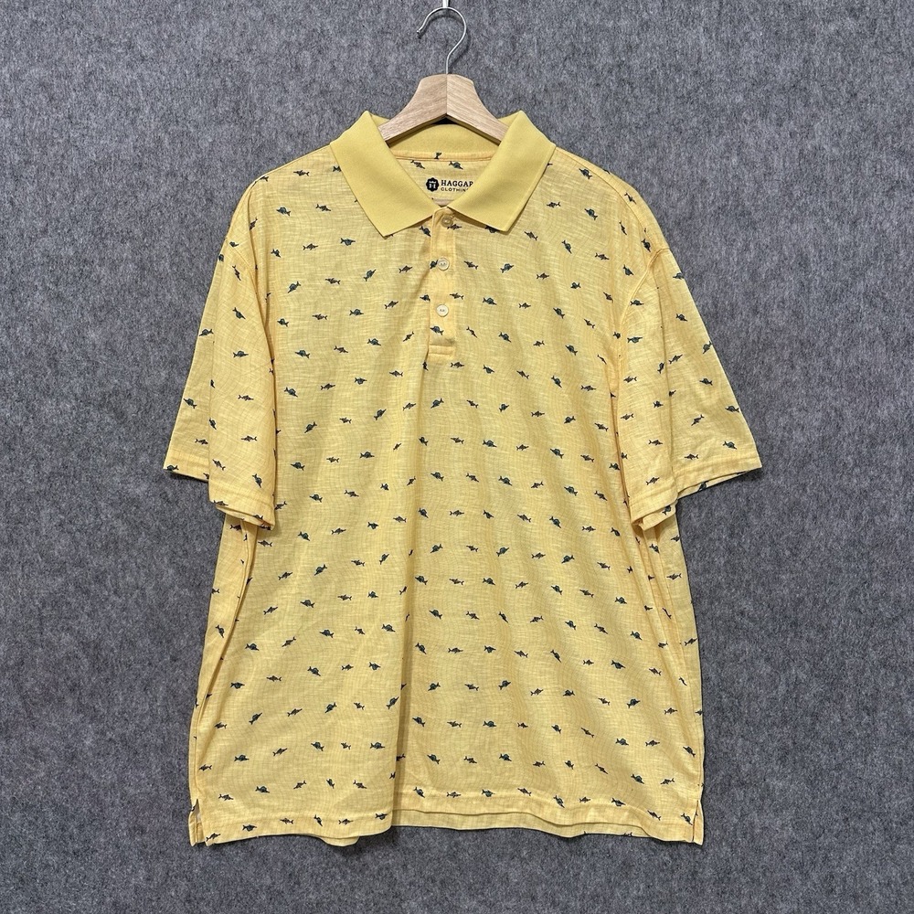 Haggar Men's Polo Shirt XL Yellow Fish Print Short Sleeve Golf Casual